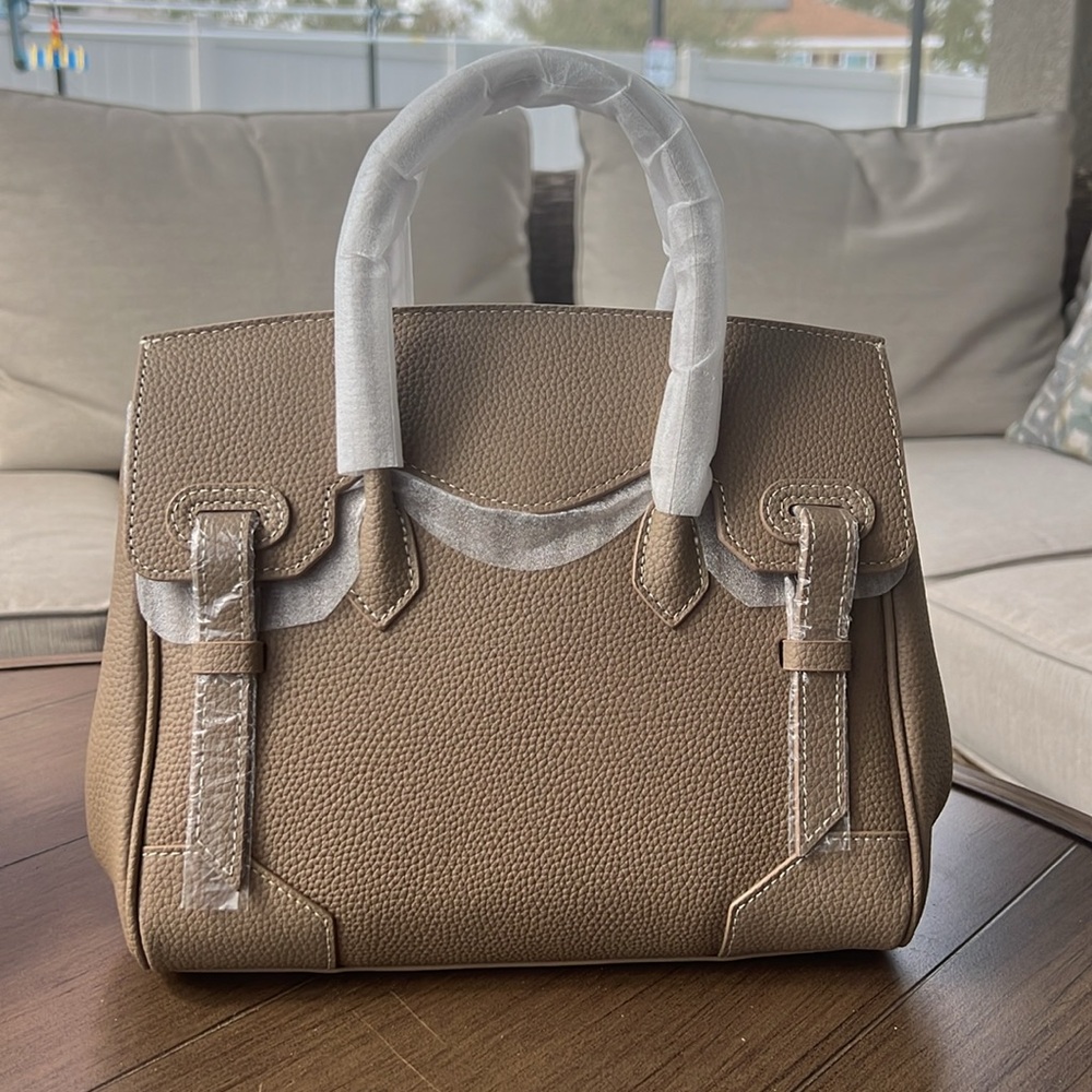 Elegant Taupe Leather Satchel Handbag - Picture 4 of 7